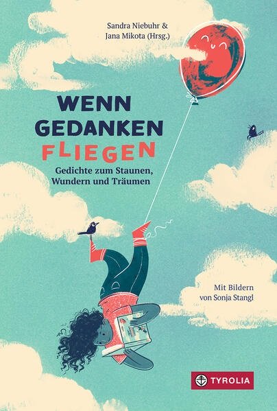 Zeichnung eines Kindes, dass an einen Luftballon gebunden durch die Luft fliegt und in einem Buch liest.